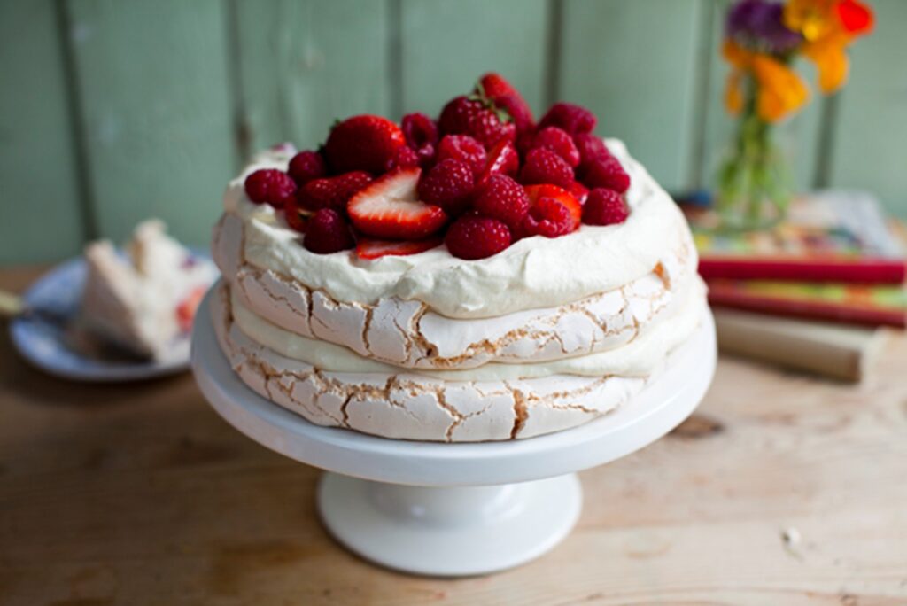 Pavlova with Strawberries, Lime and Pistachios