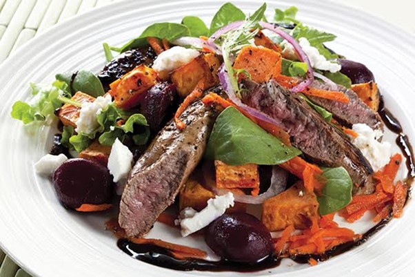 Wicklow Sideloin Lamb Chops with Rosemary Beetroot and Sweet Potato / Garden Salad with Feta and Orange Dressing