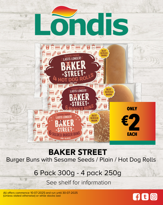 BAKER STREET Burger Buns with Sesame Seeds / Plain / Hot Dog Rolls 6 Pack 300g - 4 pack 250g See shelf for information ONLY €2 each