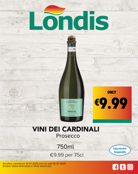 VINI DEI CARDINALI Prosecco	750ml €9.99 per 75cl ONLY €9.99
