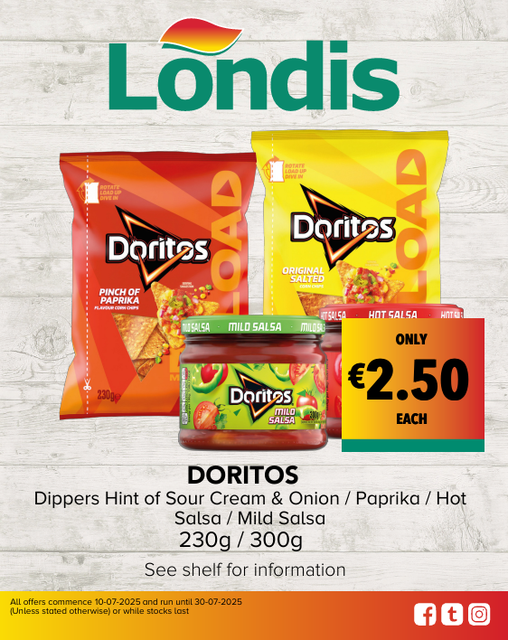 DORITOS Dippers Hint of Sour Cream & Onion / Paprika / Hot Salsa / Mild Salsa	230g / 300g See shelf for information ONLY €2.50 EACH