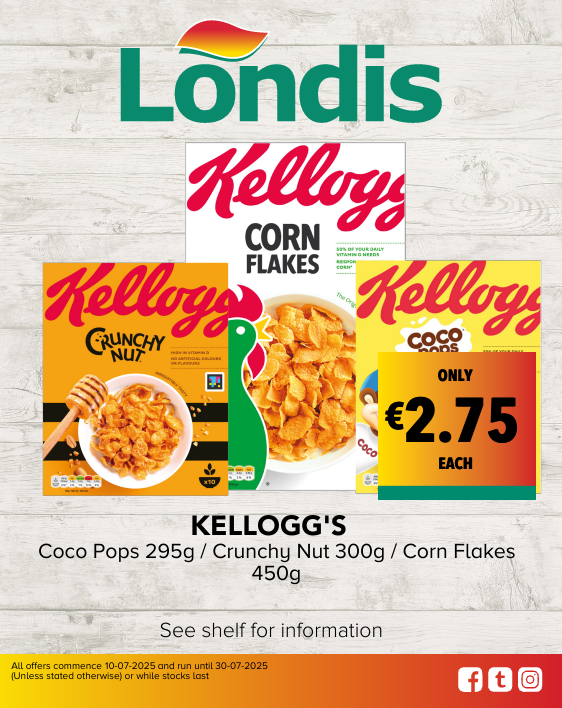 KELLOGG'S Coco Pops 295g / Crunchy Nut 300g / Corn Flakes 450g See shelf for information ONLY €2.75 EACH